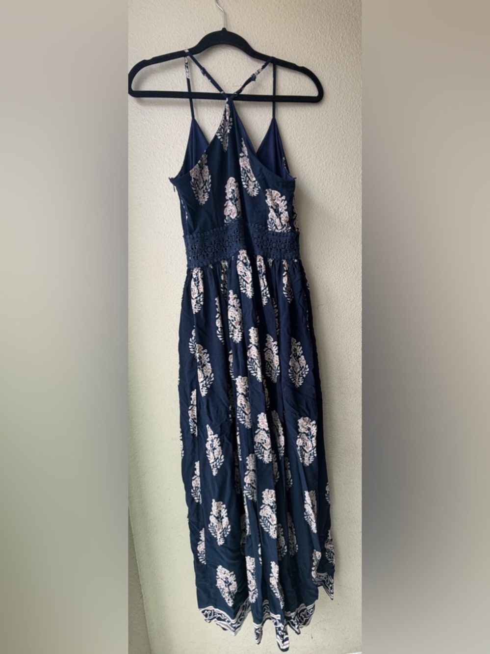 Navy Floral Maxi Crochet Waistband L Long Length Summer Dress Adjustable Straps - Picture 5 of 14